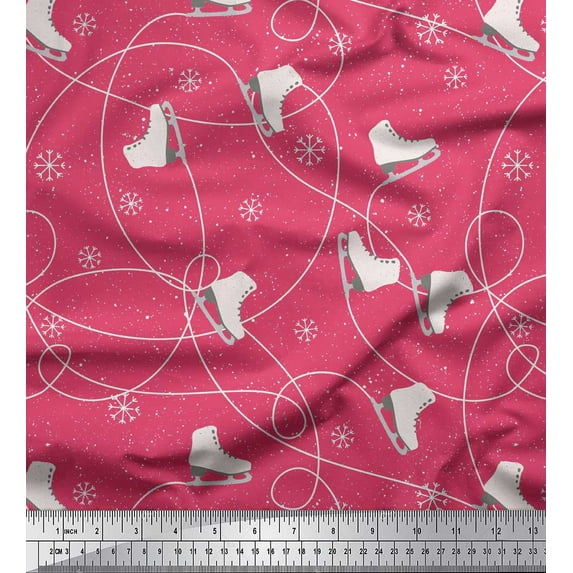 Soimoi Pink Cotton Duck Fabric Snow Flake & Ice Skates Travel Print Fabric by the Yard 42 Inch Wide