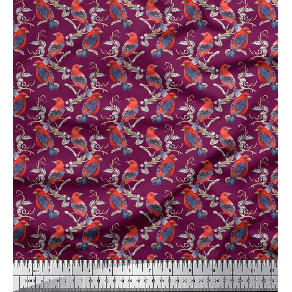 Soimoi Pink Cotton Jersey Fabric Branches & American Robin Bird Printed Craft Fabric by The Yard 58 Inch Wide
