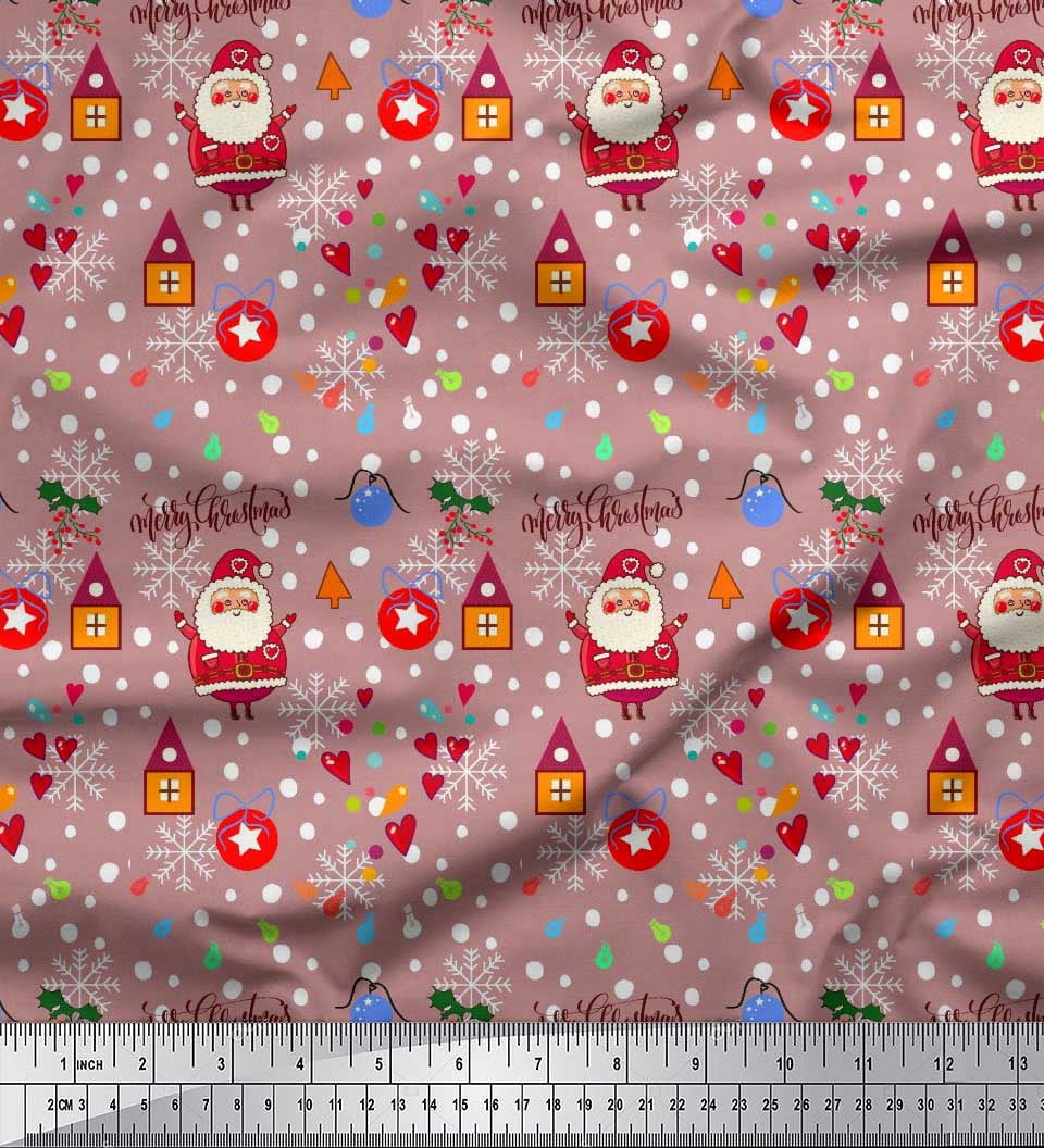 Soimoi Pink Cotton Jersey Fabric Heart,Santa & Baubles Christmas Print Fabric by the Yard 58 Inch Wide