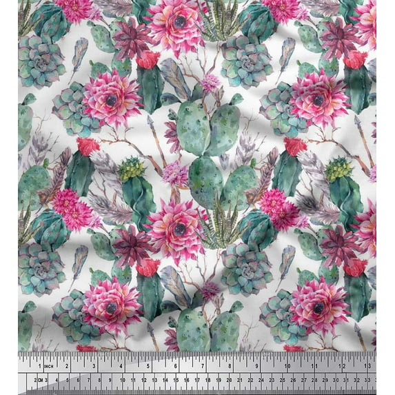 Soimoi Pink Cotton Poplin Fabric Feather,Cactus & Floral Print Sewing Fabric BTY 42 Inch Wide