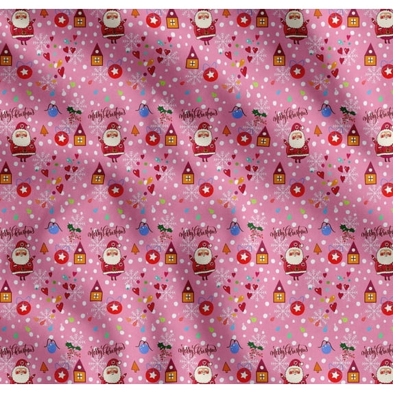 Soimoi Pink Cotton Poplin Fabric Heart,Santa & Baubles Christmas Print Fabric by the Yard 56 Inch Wide