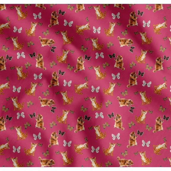 Soimoi Pink Cotton Poplin Fabric Insect & Cat Animal Printed Fabric 1 Yard 56 Inch Wide