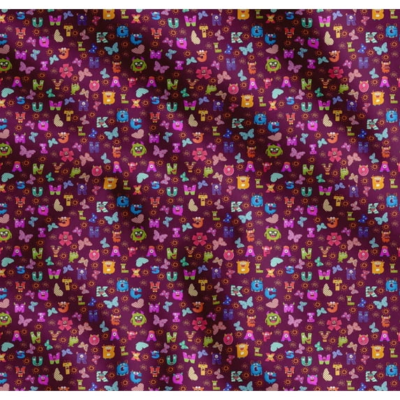 Soimoi Pink Cotton Poplin Fabric Insect,Sun & Cartoon Alphabets Text Fabric Prints by Yard 42 Inch Wide