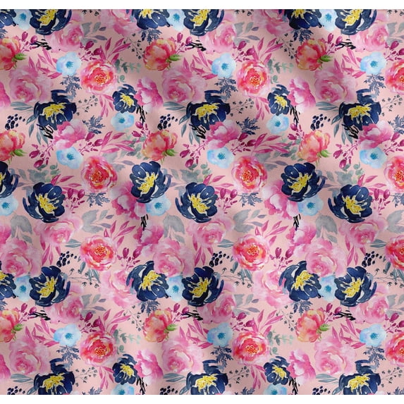 Soimoi Pink Cotton Poplin Fabric Leaves & Pink Floral Watercolor Print Sewing Fabric BTY 56 Inch Wide