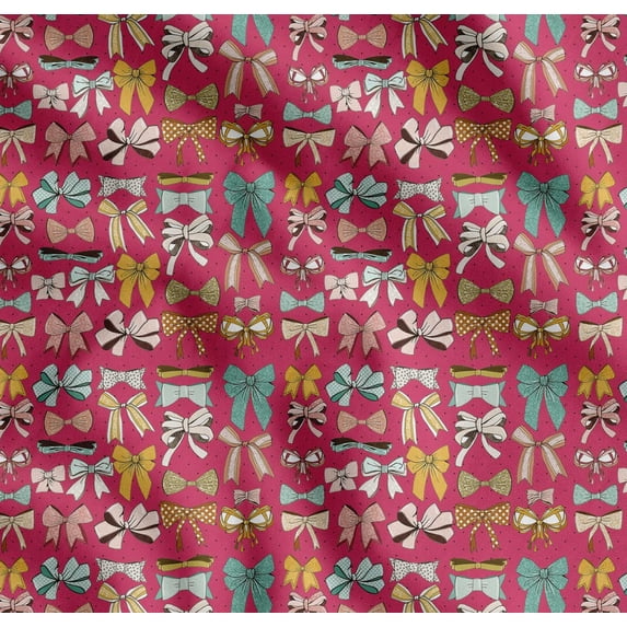 Soimoi Pink Cotton Poplin Fabric Multi Bow & Dots Decor Fabric Printed Yard 56 Inch Wide