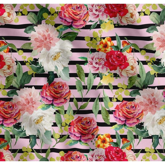 Soimoi Pink Cotton Poplin Fabric Stripe & Grandiflora Roses Floral Printed Fabric 1 Yard 56 Inch Wide