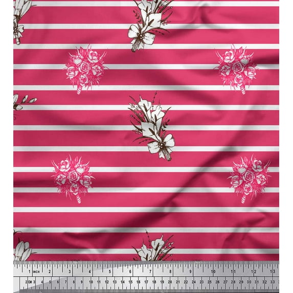 Soimoi Pink Cotton Poplin Fabric Stripe & Rose Bouquet Floral Print Fabric by the Yard 56 Inch Wide