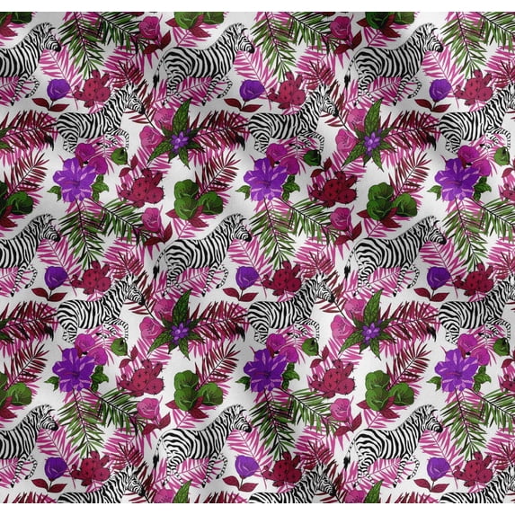 Soimoi Pink Cotton Poplin Fabric Tropical Leaves & Wild Animal Print Fabric by Yard 56 Inch Wide