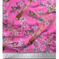 thumbnail image 1 of Soimoi Pink Cotton Voile Fabric Blue Floral & American Robin Bird Print Fabric by The Yard 42 Inch Wide, 1 of 3