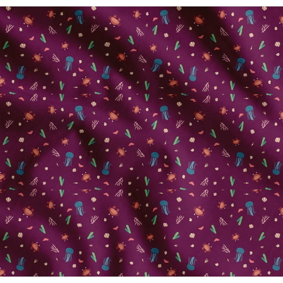 Soimoi Pink Cotton Voile Fabric Crab & Jellyfish Ocean Print Fabric by Yard 56 Inch Wide