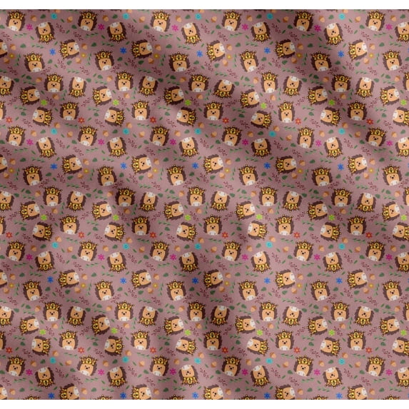 Soimoi Pink Cotton Voile Fabric Leaves,Oaknut & Porcupine Cartoon Printed Craft Fabric by The Yard 56 Inch Wide