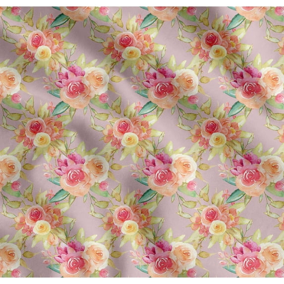 Soimoi Pink Cotton Voile Fabric Leaves & Ranunculus Floral Printed Craft Fabric by the Yard 42 Inch Wide