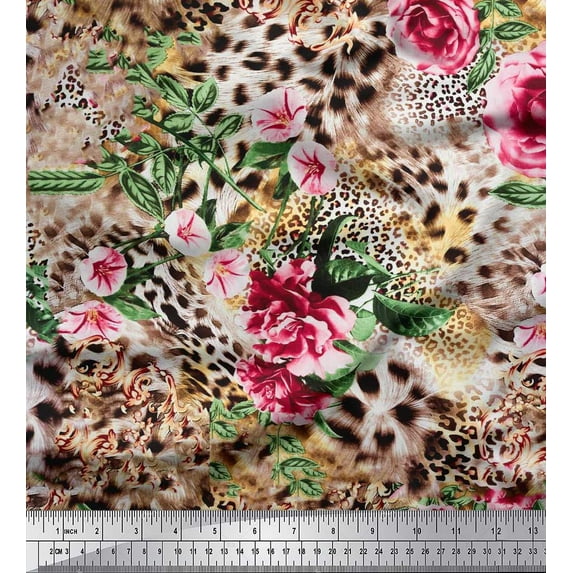 Soimoi Pink Cotton Voile Fabric Leaves,Rose & Leopard Animal Skin Printed Craft Fabric by The Yard 56 Inch Wide
