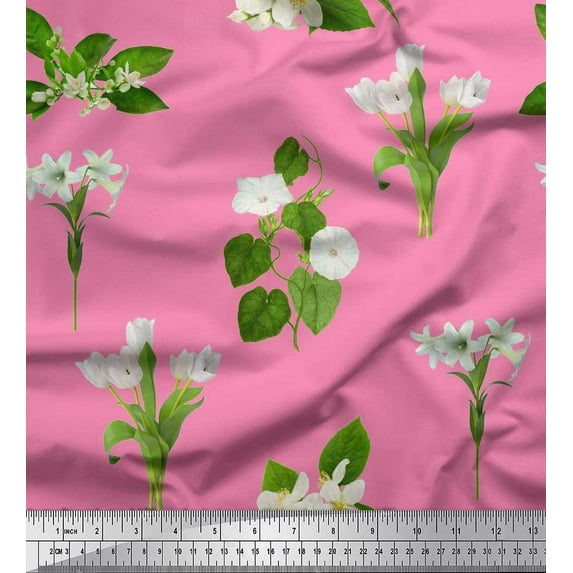 Soimoi Pink Cotton Voile Fabric Leaves & White Floral Print Fabric by Yard 56 Inch Wide