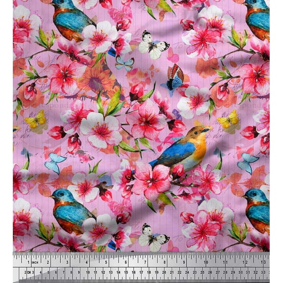 Soimoi Pink Cotton Voile Fabric Stripe,American Robin & Pink Floral Print Fabric by Yard 56 Inch Wide