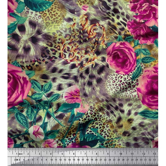 Soimoi Pink Georgette Viscose Fabric Leopard Skin,Leaves & Floral Decor Fabric Printed BTY 42 Inch Wide