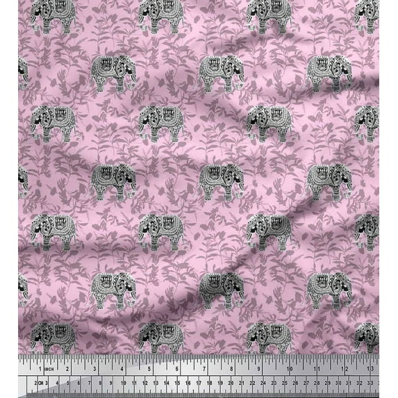 Soimoi Pink Japan Crepe Satin Fabric Leaves & Artistic Elephant Animal Print Fabric by the Yard 42 Inch Wide