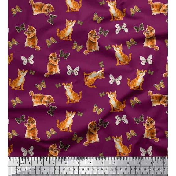 Soimoi Pink Modal Satin Fabric Insect & Cat Animal Fabric Prints by Yard 42 Inch Wide