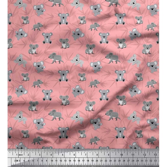 Soimoi Pink Moss Georgette Fabric Teddy Bear & Leaves Kids Decor Fabric Printed Yard 44 Inch Wide