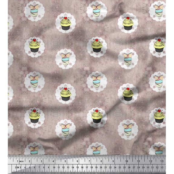 Soimoi Pink Poly Georgette Fabric Cupcakes Food Printed Craft Fabric by the Yard 42 Inch Wide