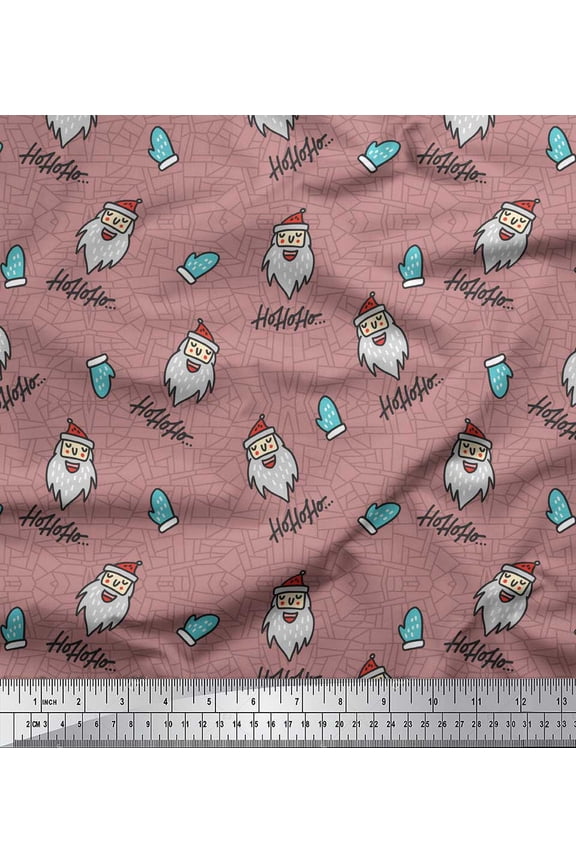 Pink Poly Georgette Fabric Gloves & Santa Face Christmas Printed Fabric 1 Yard 42 Inch Wide