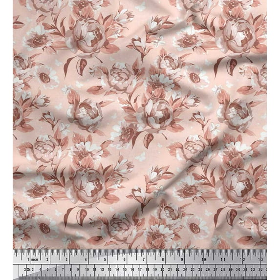 Soimoi Pink Poly Georgette Fabric Leaves & Floral Decor Fabric Printed BTY 42 Inch Wide