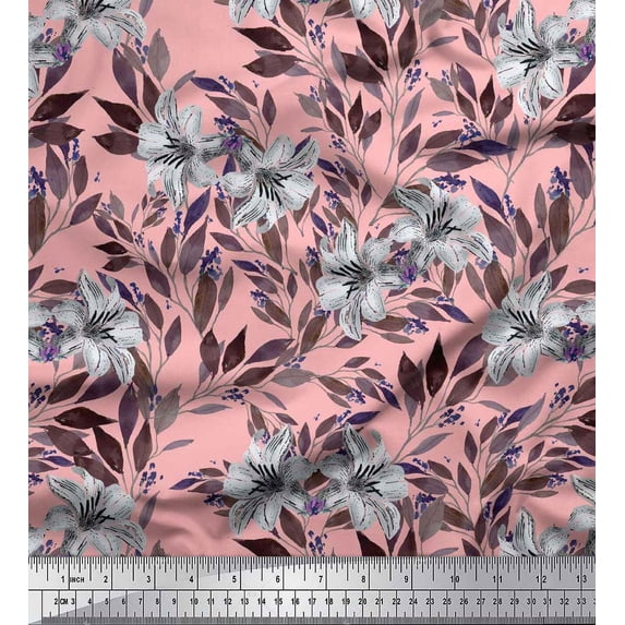 Soimoi Pink Poly Georgette Fabric Leaves & Lily Floral Decor Fabric Printed Yard 42 Inch Wide