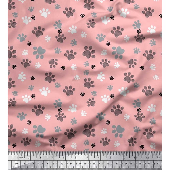 Soimoi Pink Poly Georgette Fabric Paw Dog Print Sewing Fabric Yard 52 Inch Wide