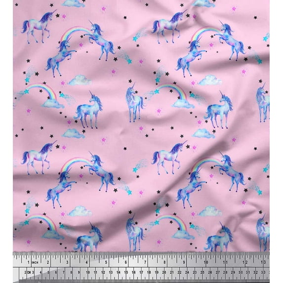 Soimoi Pink Poly Georgette Fabric Unicorn & Rainbow Nature Print Fabric by the Yard 52 Inch Wide