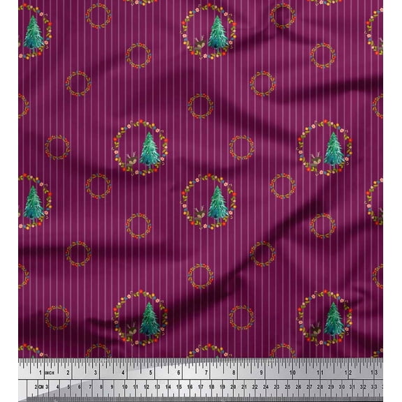 Soimoi Pink Poly Georgette Fabric Wreath & Pine Tree Stripe Printed Fabric 1 Yard 42 Inch Wide