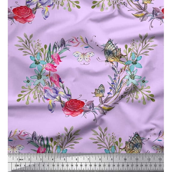 Soimoi Pink Polyester Crepe Fabric Insect,Rose & Wreath Flower Print Fabric by The Yard 52 Inch Wide