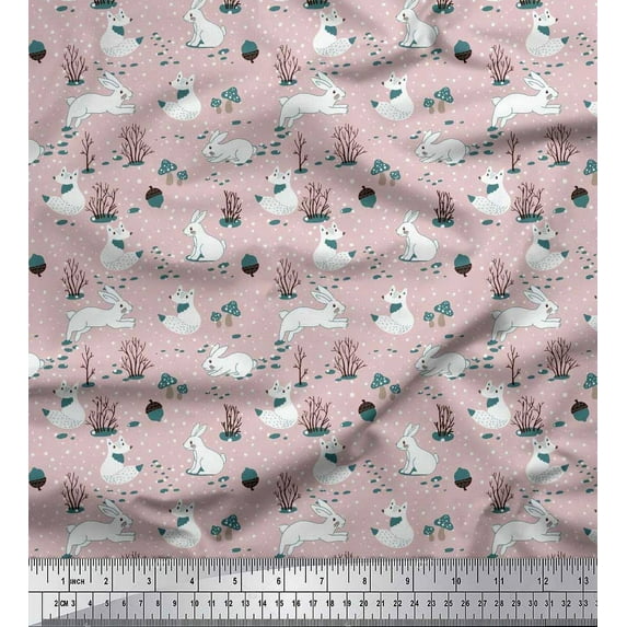 Soimoi Pink Polyester Crepe Fabric Mushroom,Oaknut & Rabbit Animal Fabric Prints by Yard 52 Inch Wide
