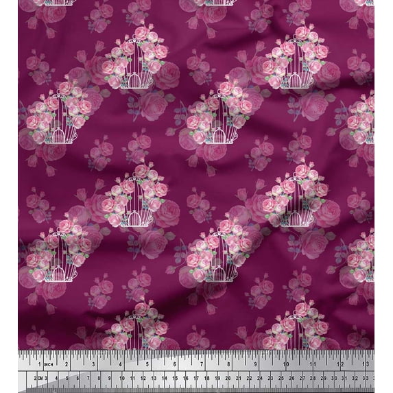 Soimoi Pink Rayon Crepe Fabric Cage & Roses Floral Decor Fabric Printed Yard 46 Inch Wide