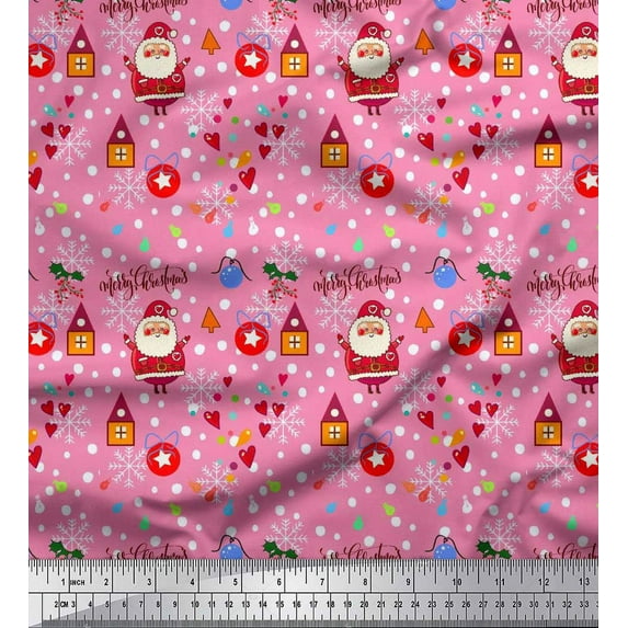 Soimoi Pink Rayon Crepe Fabric Heart,Santa & Baubles Christmas Print Fabric by the Yard 46 Inch Wide