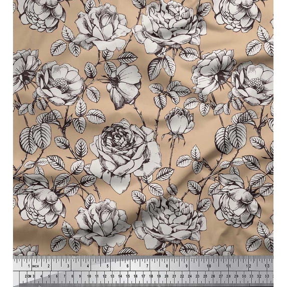 Soimoi Pink Rayon Crepe Fabric Leaves & Black Sketch Flower Print Sewing Fabric BTY 46 Inch Wide