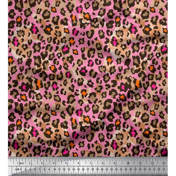 Soimoi Pink Rayon Crepe Fabric Leopard Animal Skin Print Fabric by Yard 46 Inch Wide