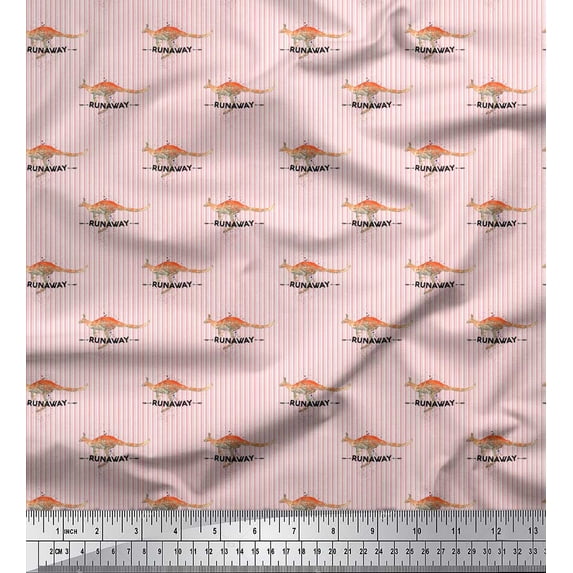 Soimoi Pink Rayon Crepe Fabric Stripe & Kangaroo Animal Printed Fabric 1 Yard 46 Inch Wide
