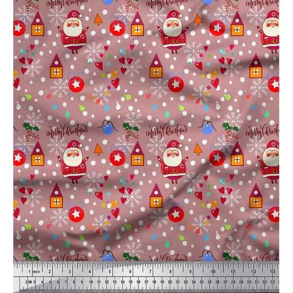 Soimoi Pink Rayon Fabric Heart,Santa & Baubles Christmas Printed Craft Fabric by the Yard 42 Inch Wide