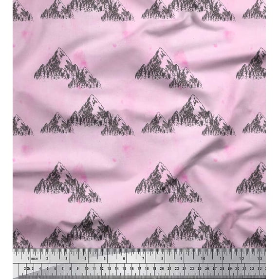 Soimoi Pink Rayon Fabric Mountain Nature Print Fabric by Yard 56 Inch Wide