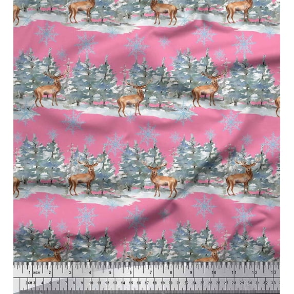 Soimoi Pink Rayon Fabric Reindeer & Snowflakes Tree Decor Fabric Printed Yard 56 Inch Wide