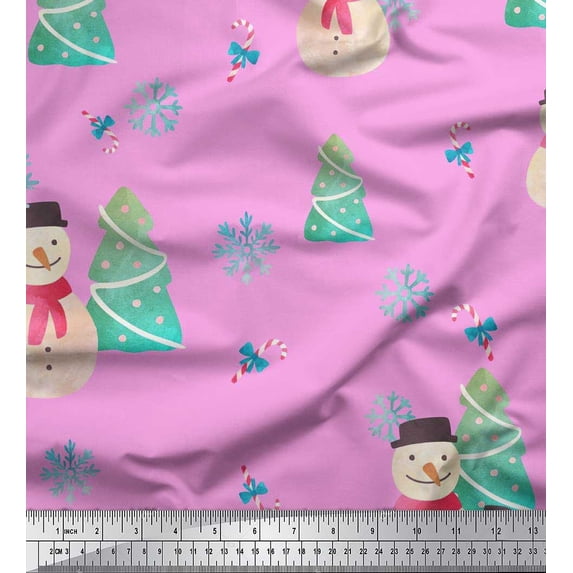Soimoi Pink Rayon Fabric Snowman & Tree Christmas Print Fabric by Yard 42 Inch Wide