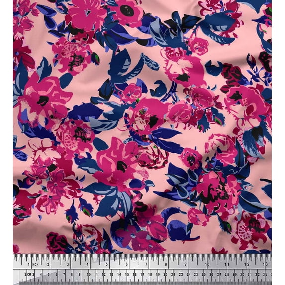 Soimoi Pink Silk Fabric Artistic Leaf & Floral Fabric Prints By Yard 44 Inch Wide