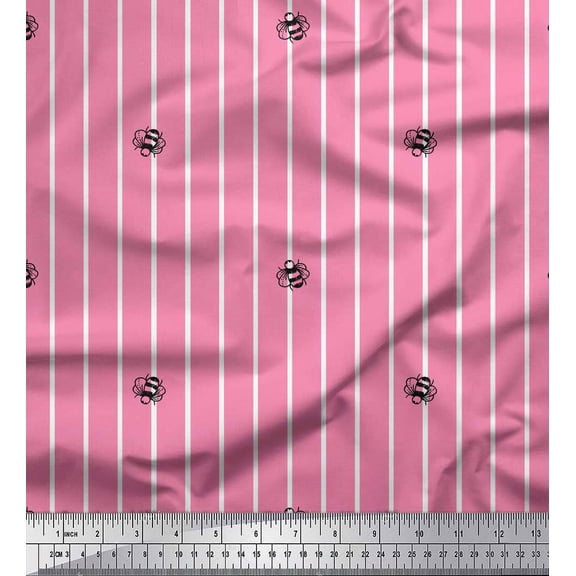Soimoi Pink Silk Fabric Bee & Stripe Print Sewing Fabric Yard 42 Inch Wide