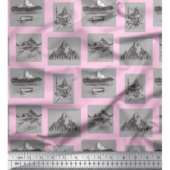 Soimoi Pink Silk Fabric Boat & Mountain Nature Print Fabric by Yard 42 Inch Wide
