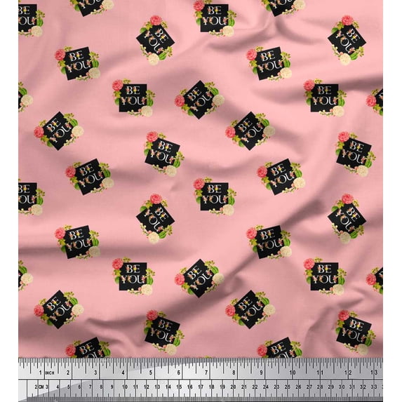 Soimoi Pink Silk Fabric Floral & Be You Text Printed Craft Fabric by The Yard 42 Inch Wide