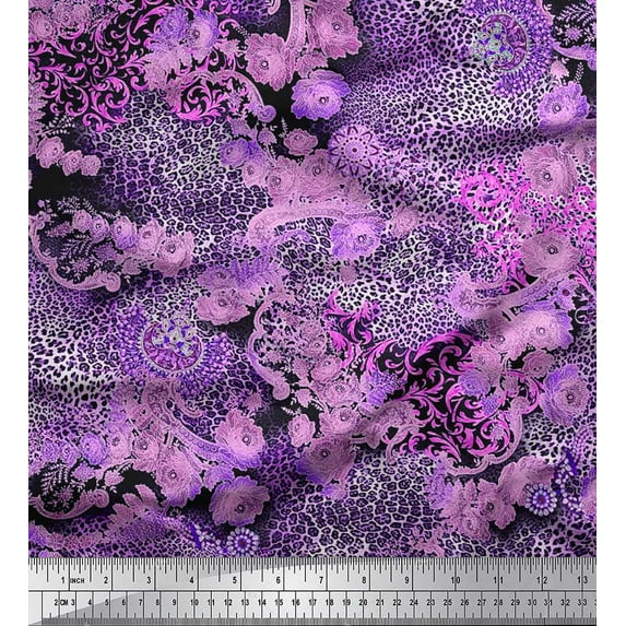 Soimoi Pink Silk Fabric Floral & Leopard Animal Skin Decor Fabric Printed Yard 42 Inch Wide