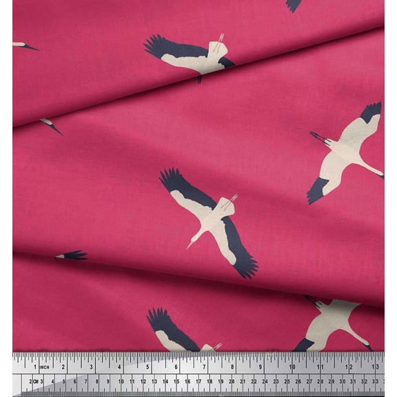 Soimoi Pink Silk Fabric Flying Stork Bird Print Fabric by Yard 42 Inch Wide