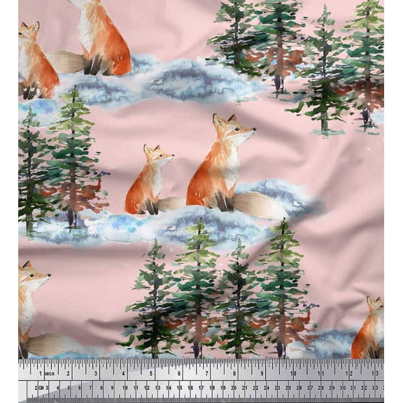 Soimoi Pink Silk Fabric Fox & Pine Tree Decor Fabric Printed Yard 42 Inch Wide