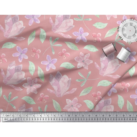 Soimoi Pink Silk Fabric Leaves & Periwinkle Floral Printed Fabric 1 Yard 42 Inch Wide