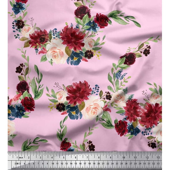 Soimoi Pink Silk Fabric Ranunculus & Penoy Floral Print Printed Craft Fabric By the Yard 44 Inch Wide
